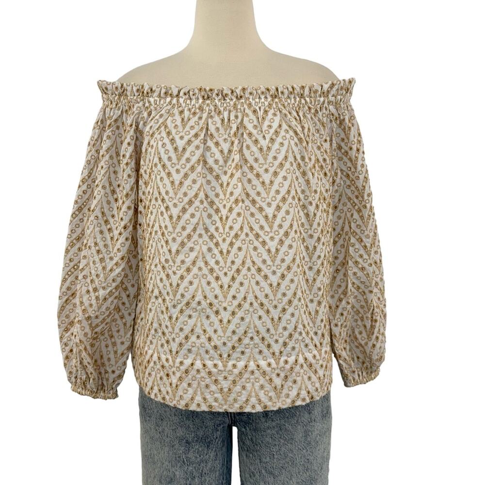 Lilly Pulitzer Aimes Off-the-Shoulder Eyelet Top Sand Bar Mermaid Metallic L